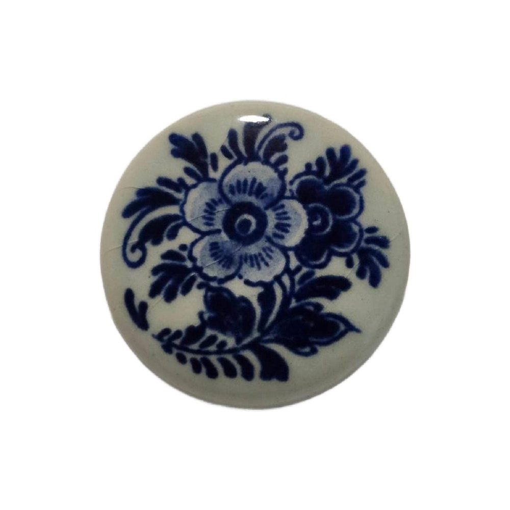 Estate Delft Dutch Porcelain Blue White Floral Scene Round Brooch